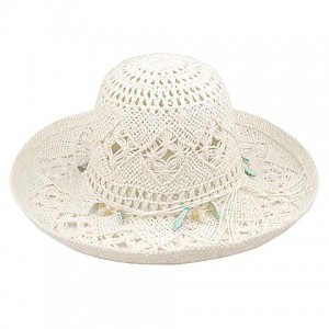 Wide Brim Crochet Toyo Straw Accent Hats – 12 PCS w/ Beaded Band - White - HT-8202WT